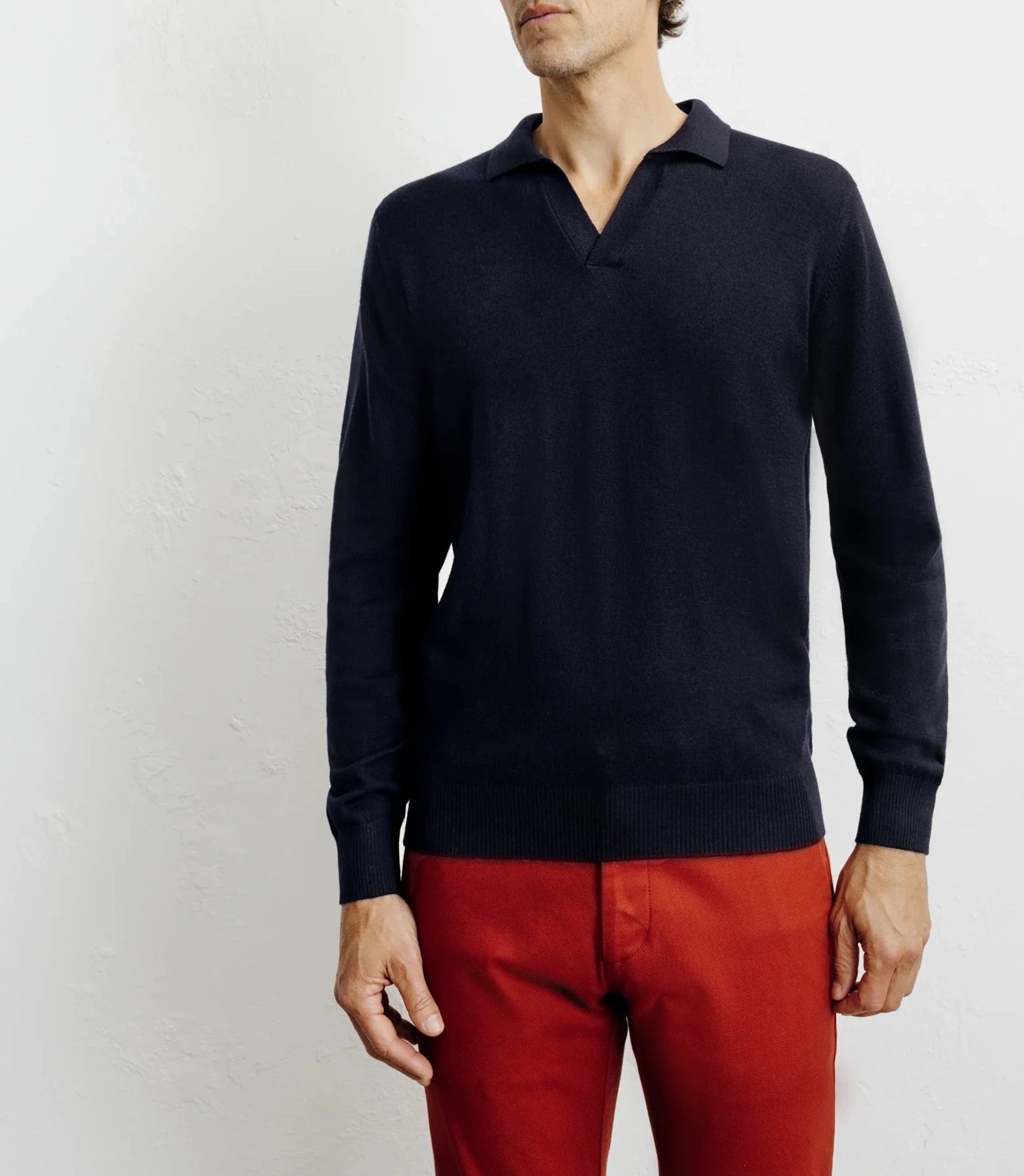 Navy merino wool polo-neck sweater