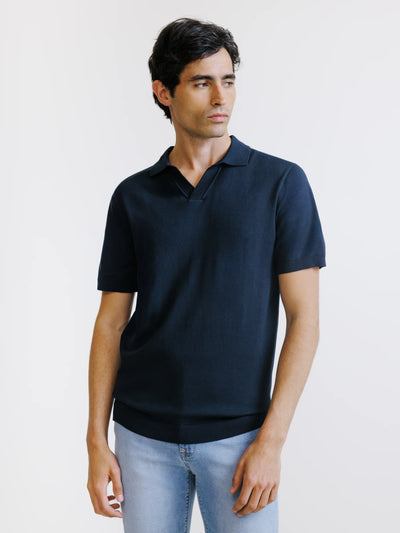 Navy knit open-neck polo shirt