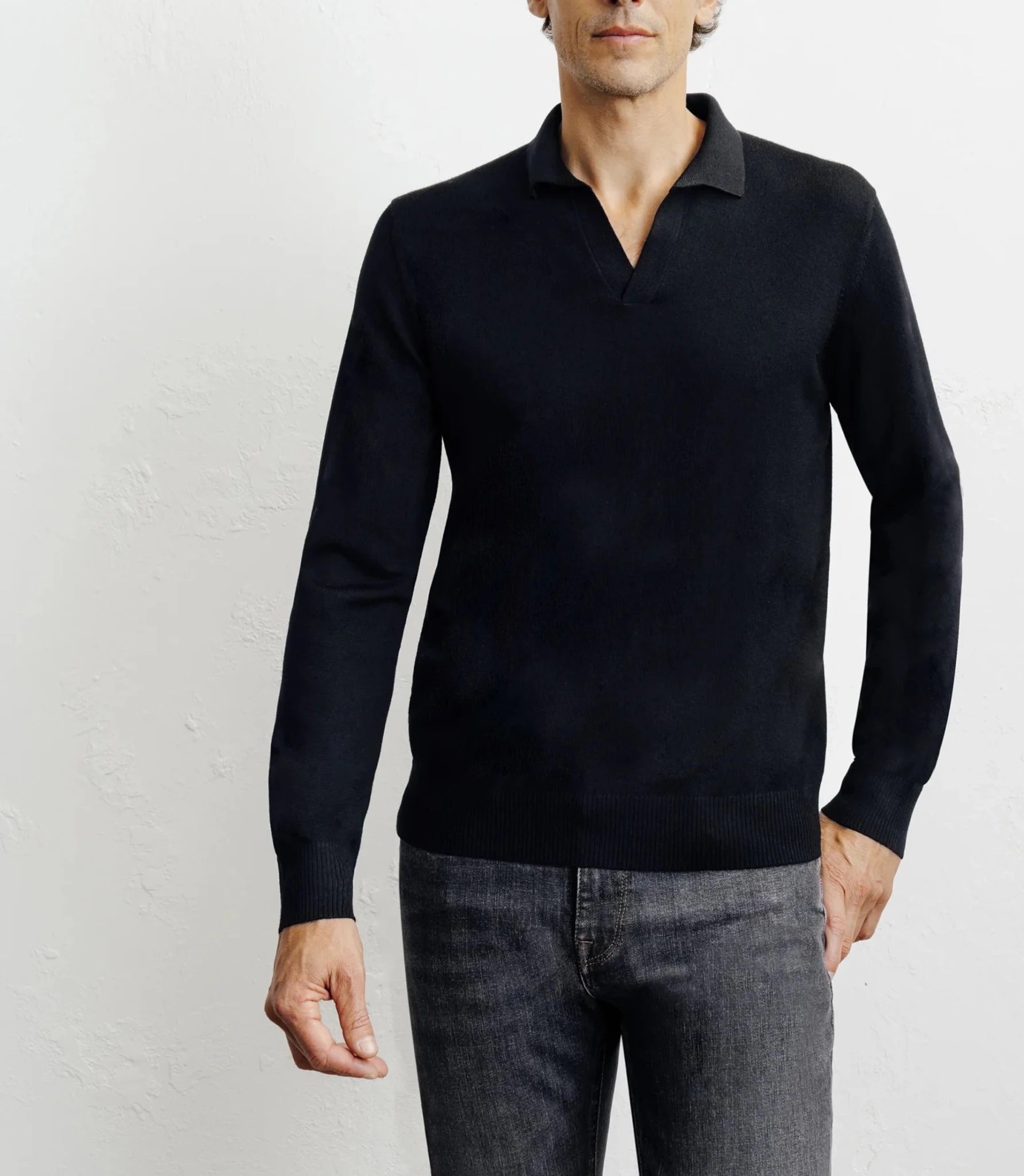 Pull col polo en laine mérinos noir