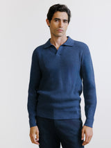 Open polo-neck jumper with indigo stitch patterns