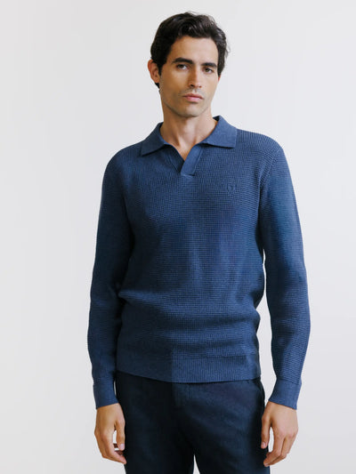 Open polo-neck jumper with indigo stitch patterns