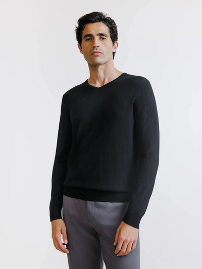 Black merino wool V-neck sweater