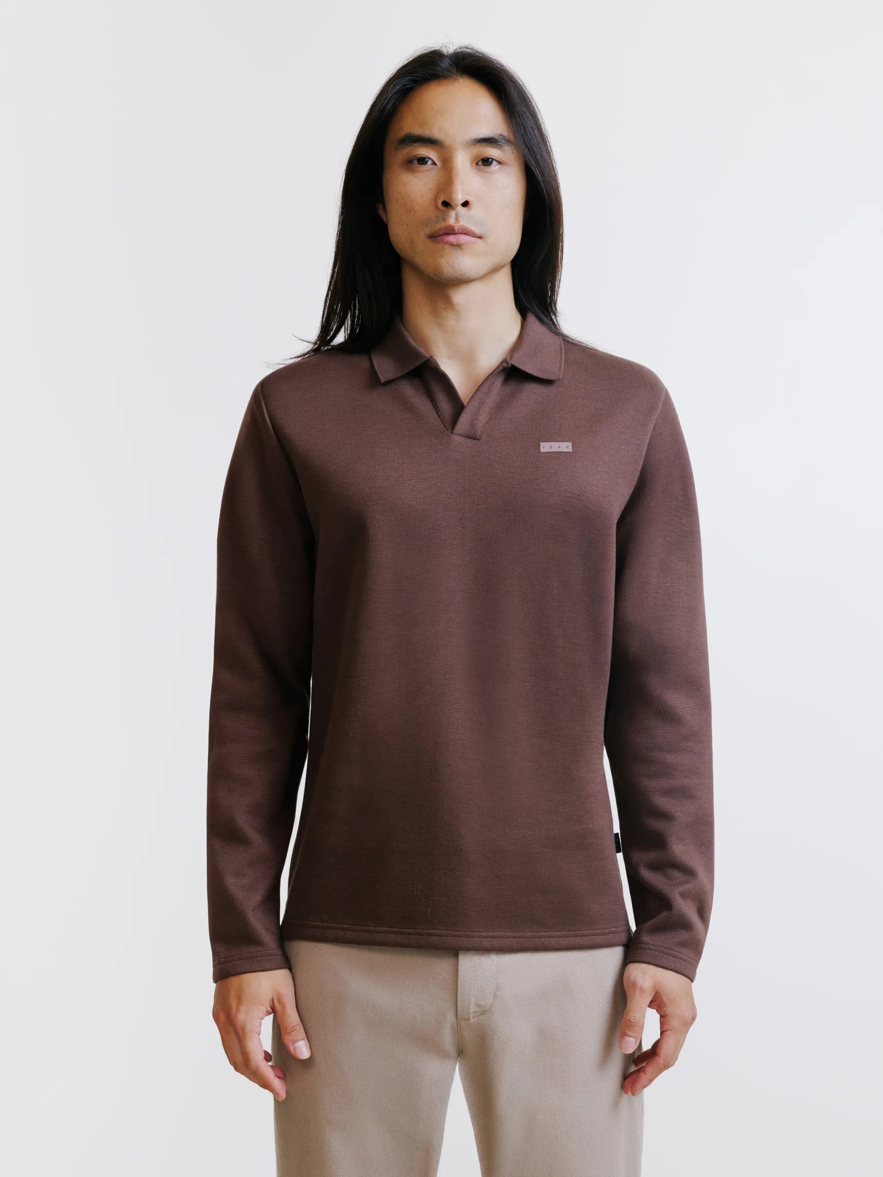 Polo manches longues col ouvert marron