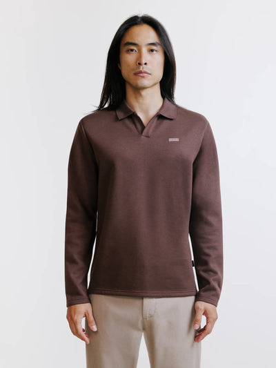 Polo manches longues col ouvert marron