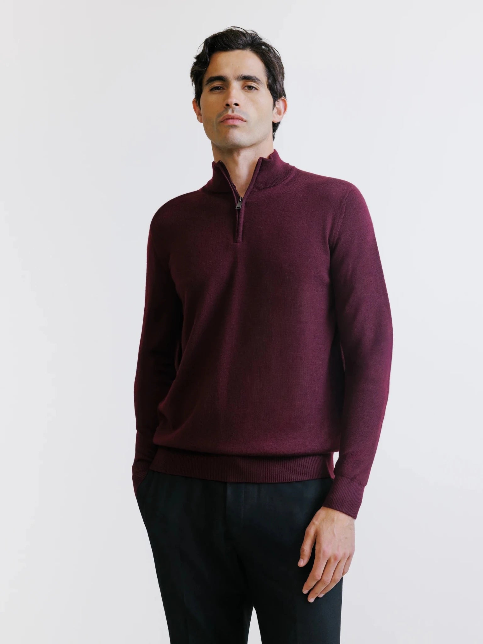 Burgundy Merino Wool Half-Zip Sweater