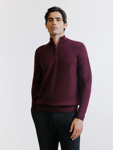 Pull demi-zippé en laine mérinos bordeaux