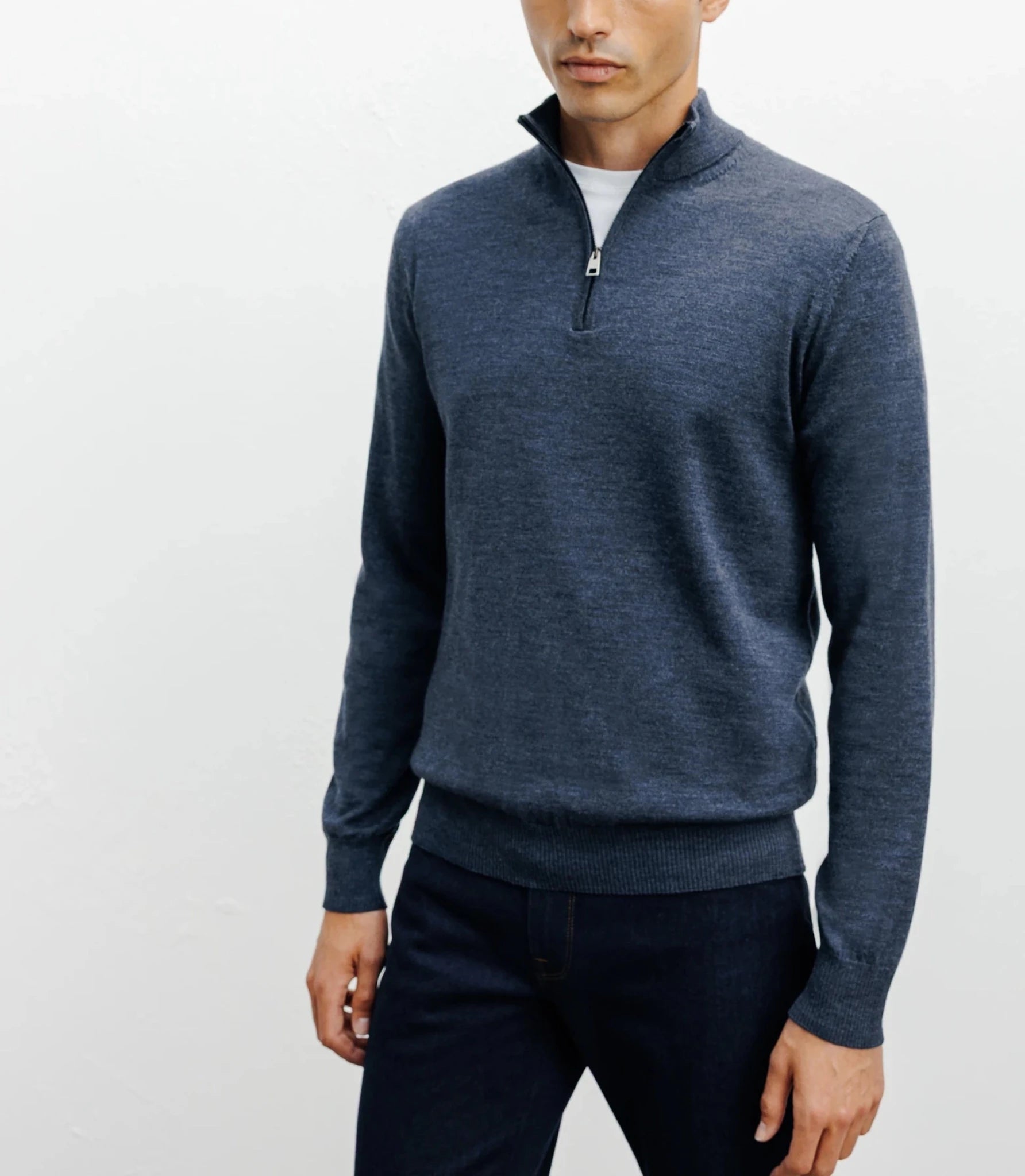 Pull à col demi zippé mérinos indigo - IZAC