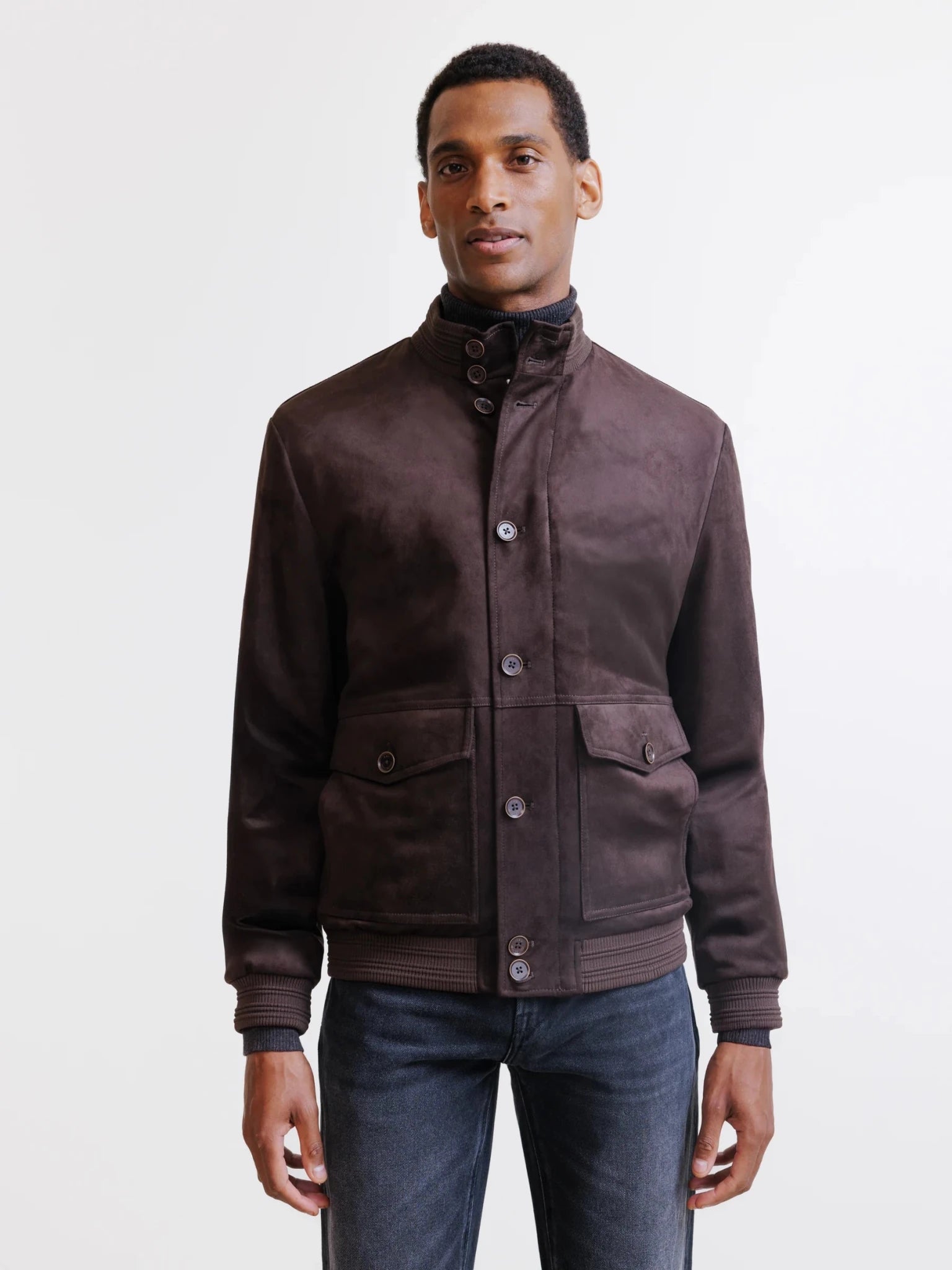 Dark brown suede stand-up collar jacket