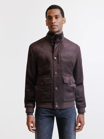 Dark brown suede stand-up collar jacket