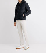 Down jacket with removable navy hood