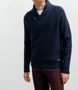 Navy shawl-collared wool sweater