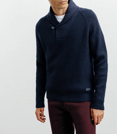 Pull en laine col châle marine