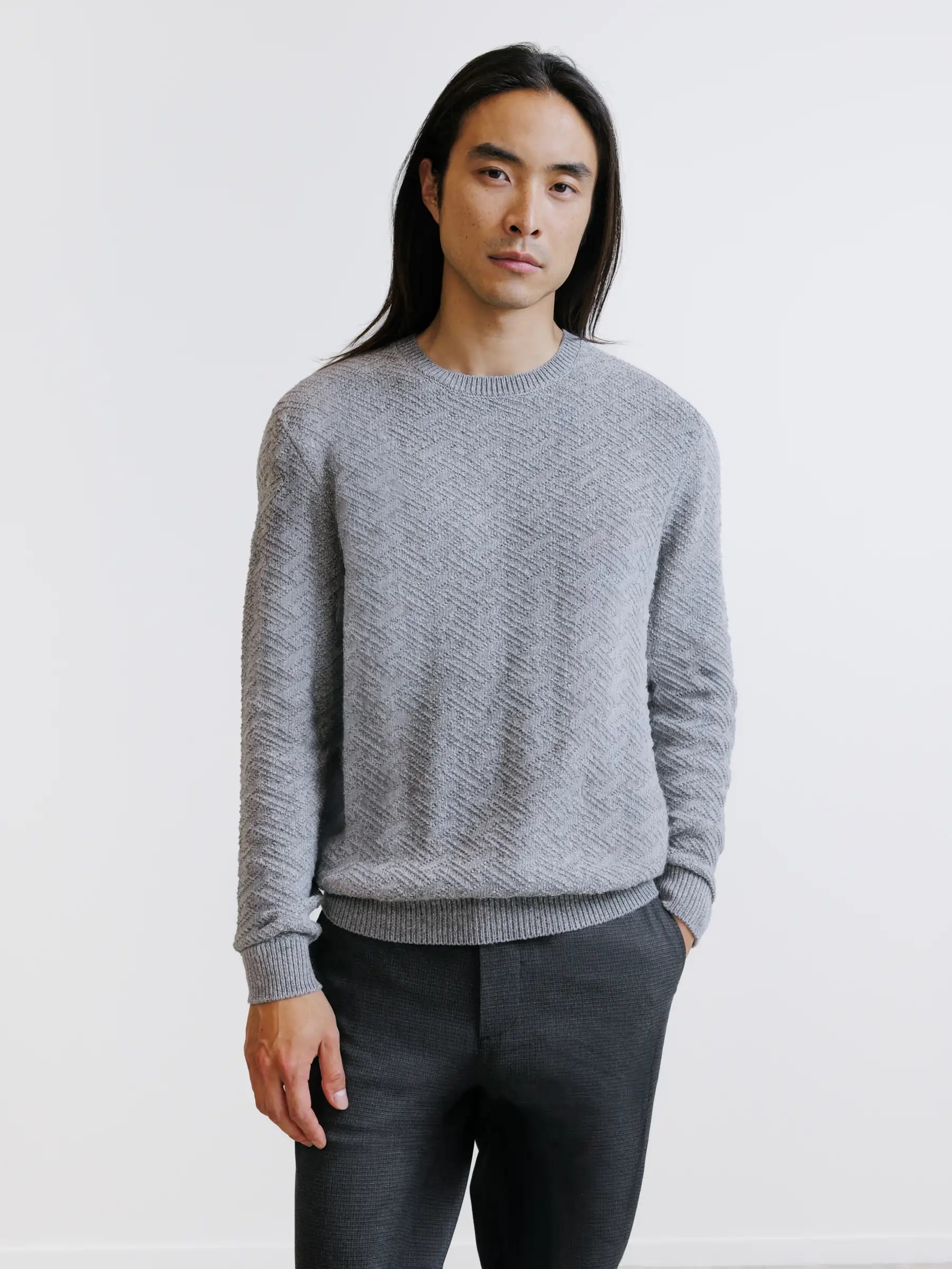 Pull jacquard col rond gris