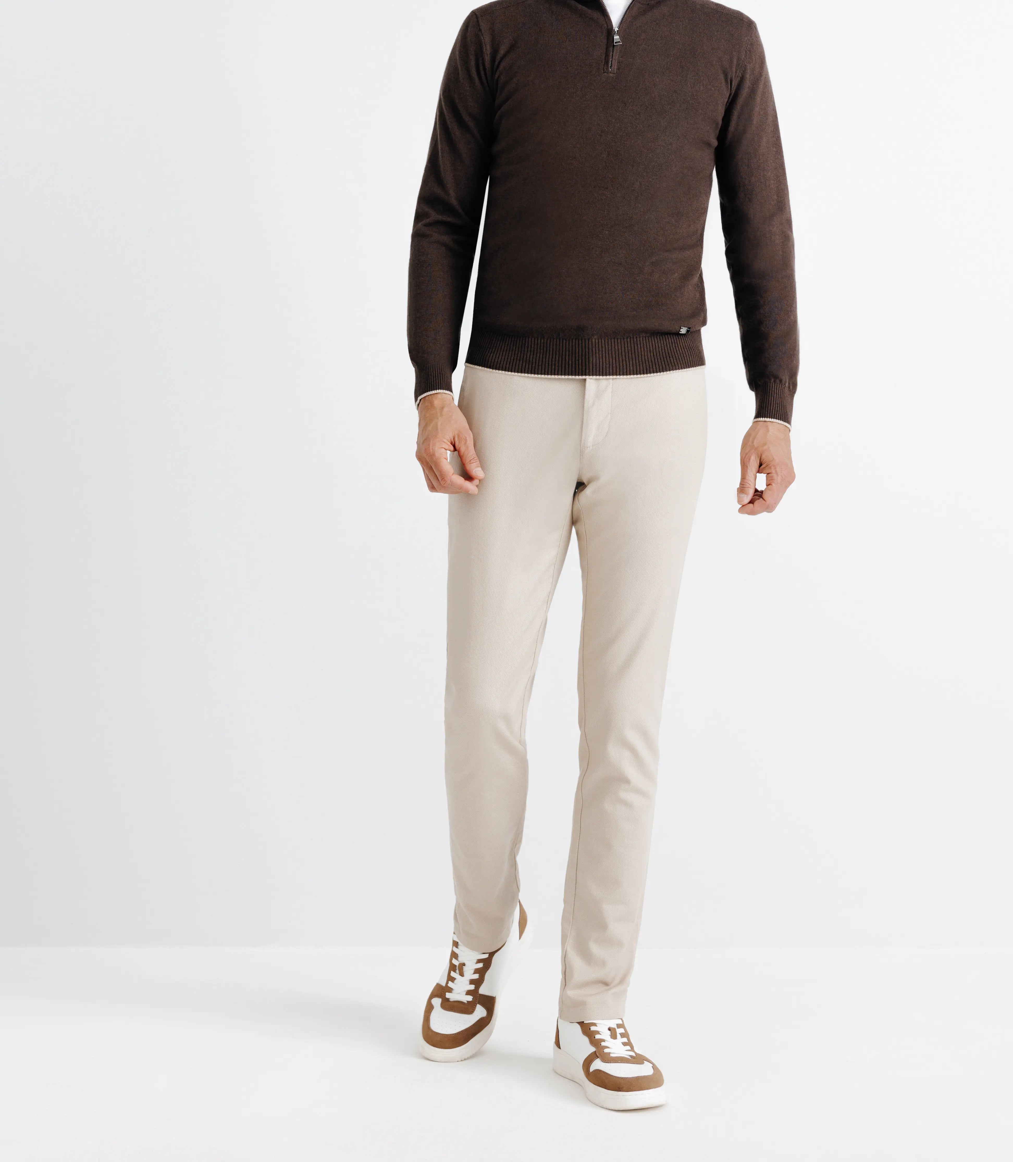 Pull coton/cachemire col zippé chocolat - IZAC