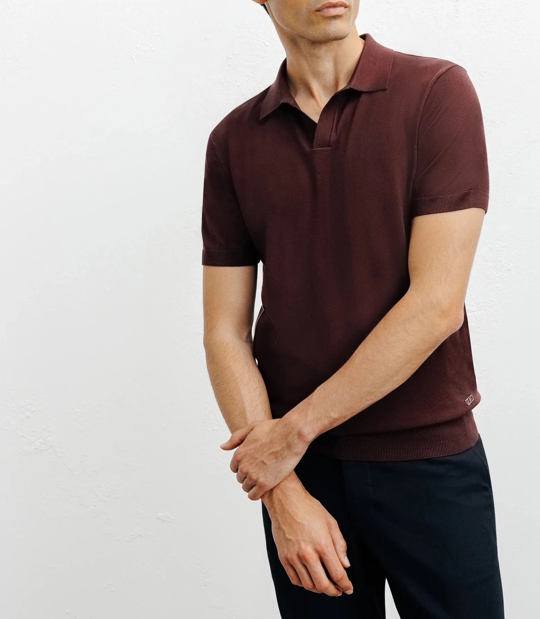 Dark burgundy open-neck knit polo shirt