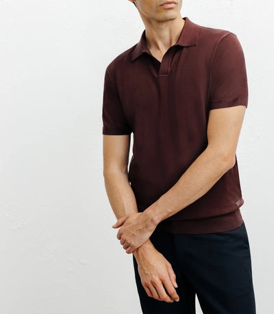Dark burgundy open-neck knit polo shirt