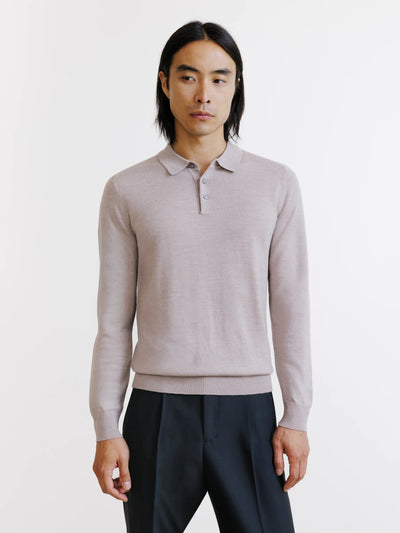 Pull à col polo boutonné en laine mérinos beige