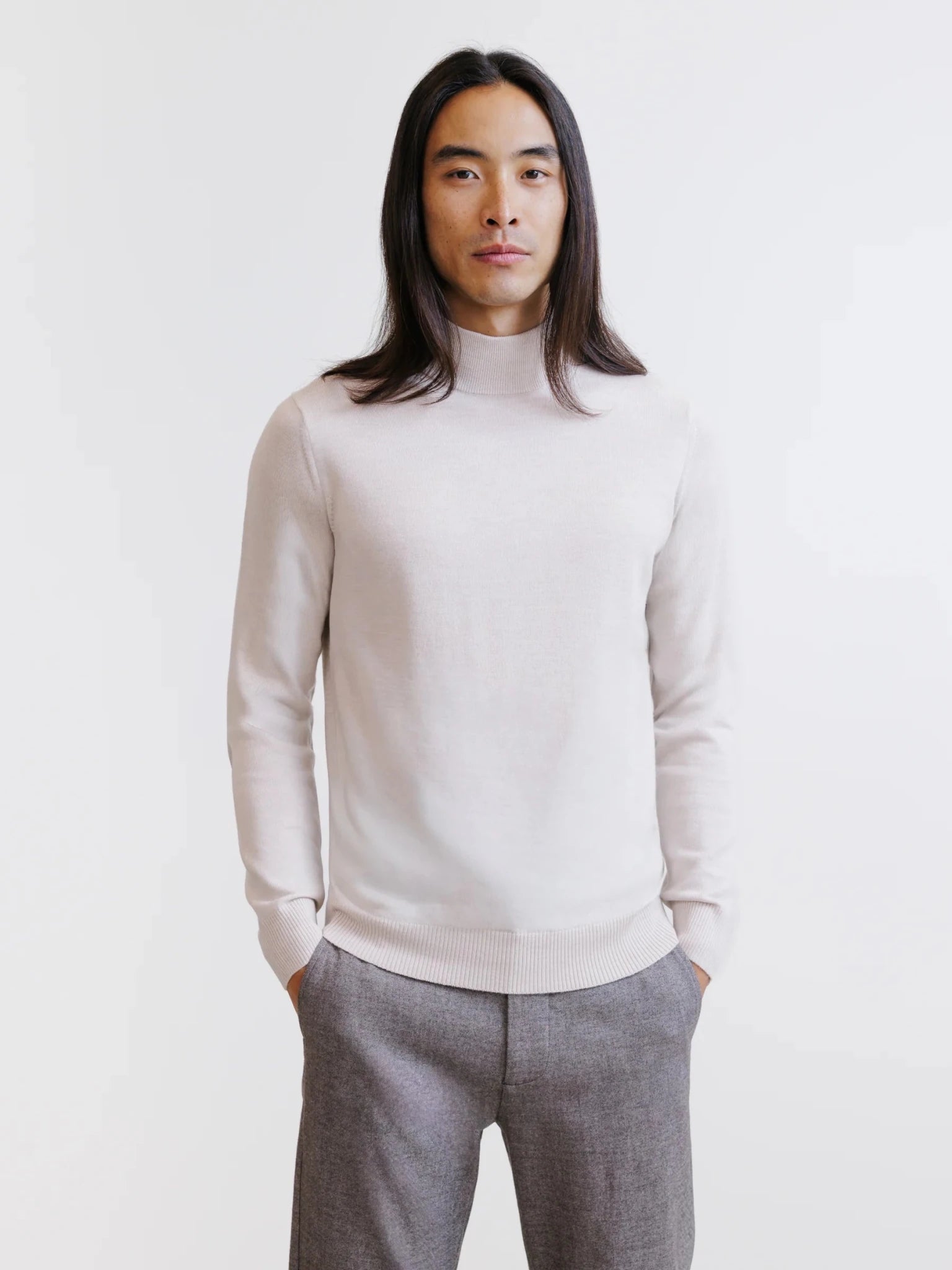 Light beige merino wool funnel neck jumper