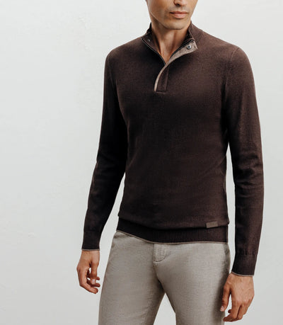 Brown half-zipped stand-up collar sweater