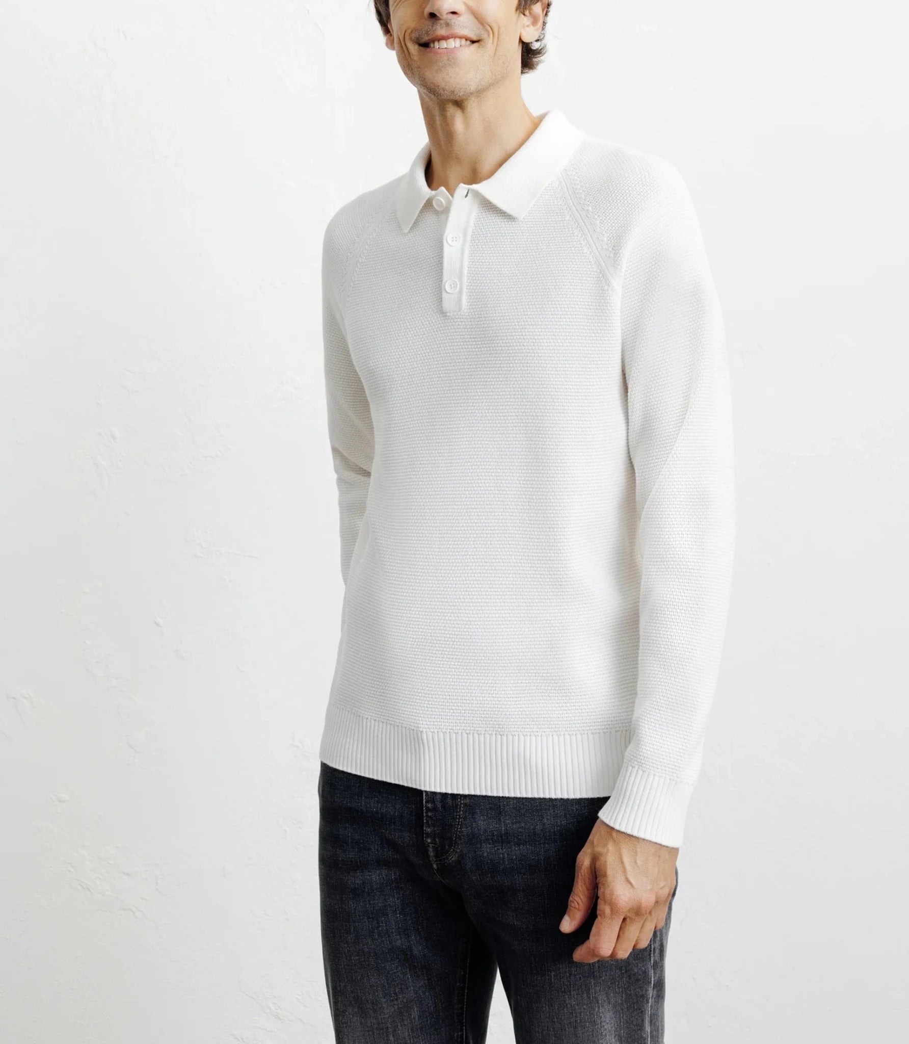 Pull col polo boutonné jeux de points écru - IZAC