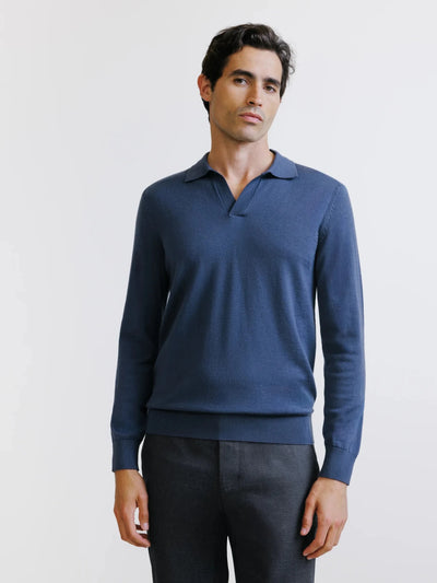 Pull col polo en laine mérinos bleu gris - IZAC