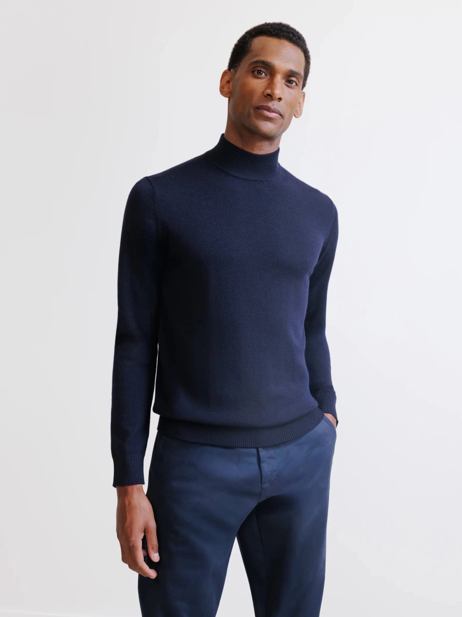 Navy merino mock-neck sweater