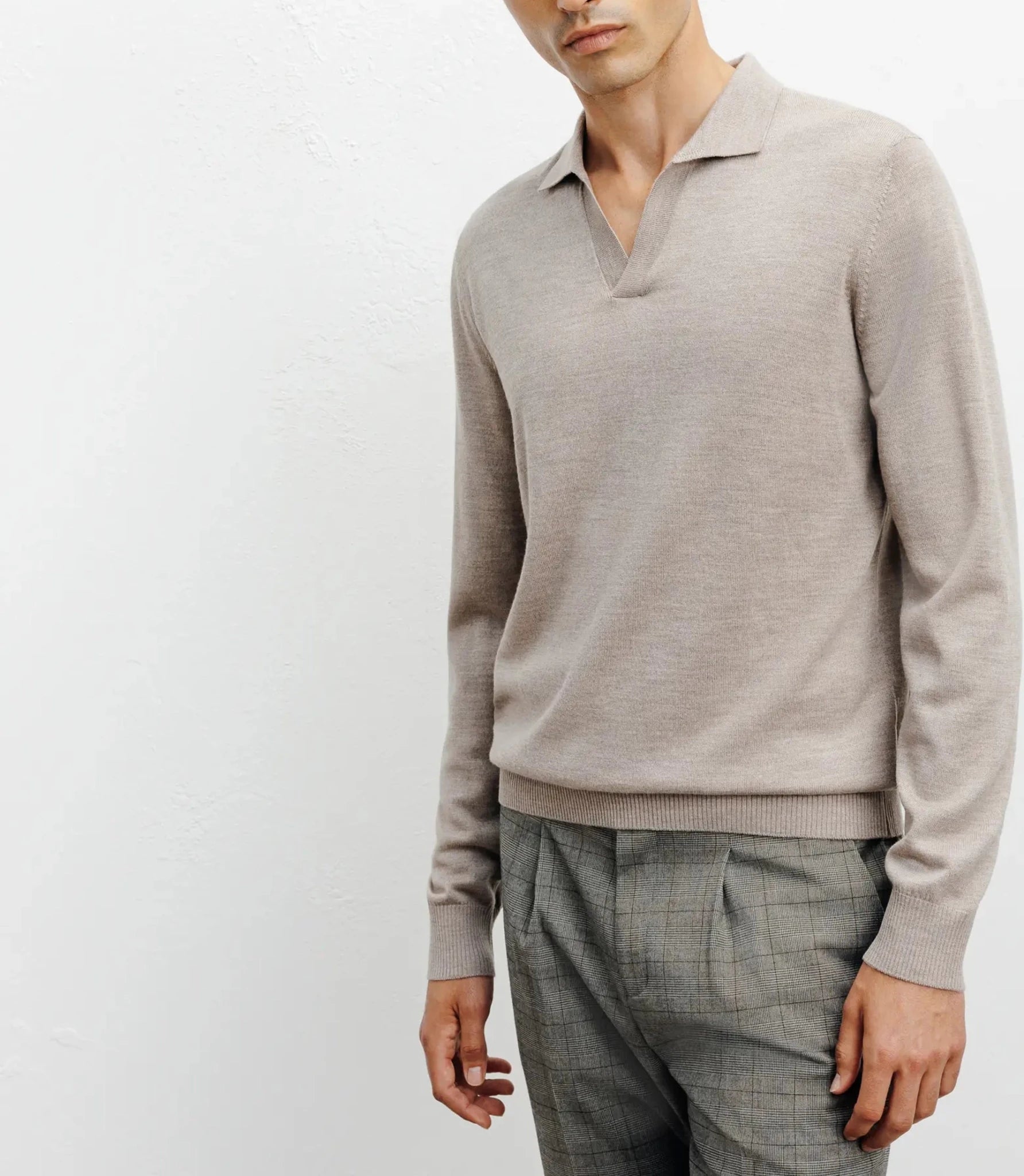 Polo neck sweater in beige merino wool