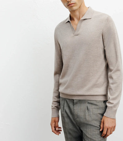 Polo neck sweater in beige merino wool