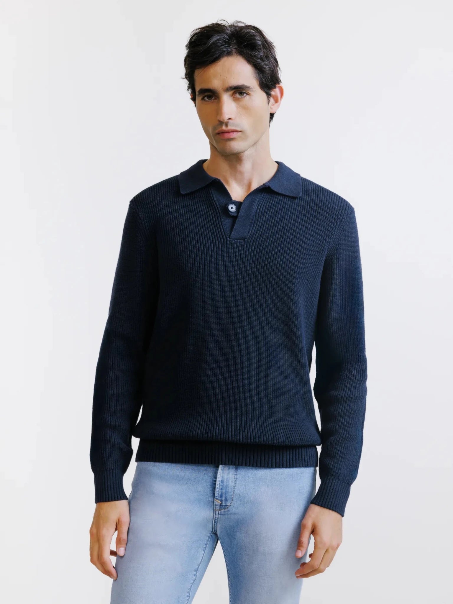 Pull col polo ouvert 1 bouton marine - IZAC