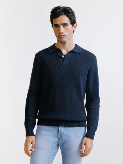 Navy open-collar polo shirt with 1 button