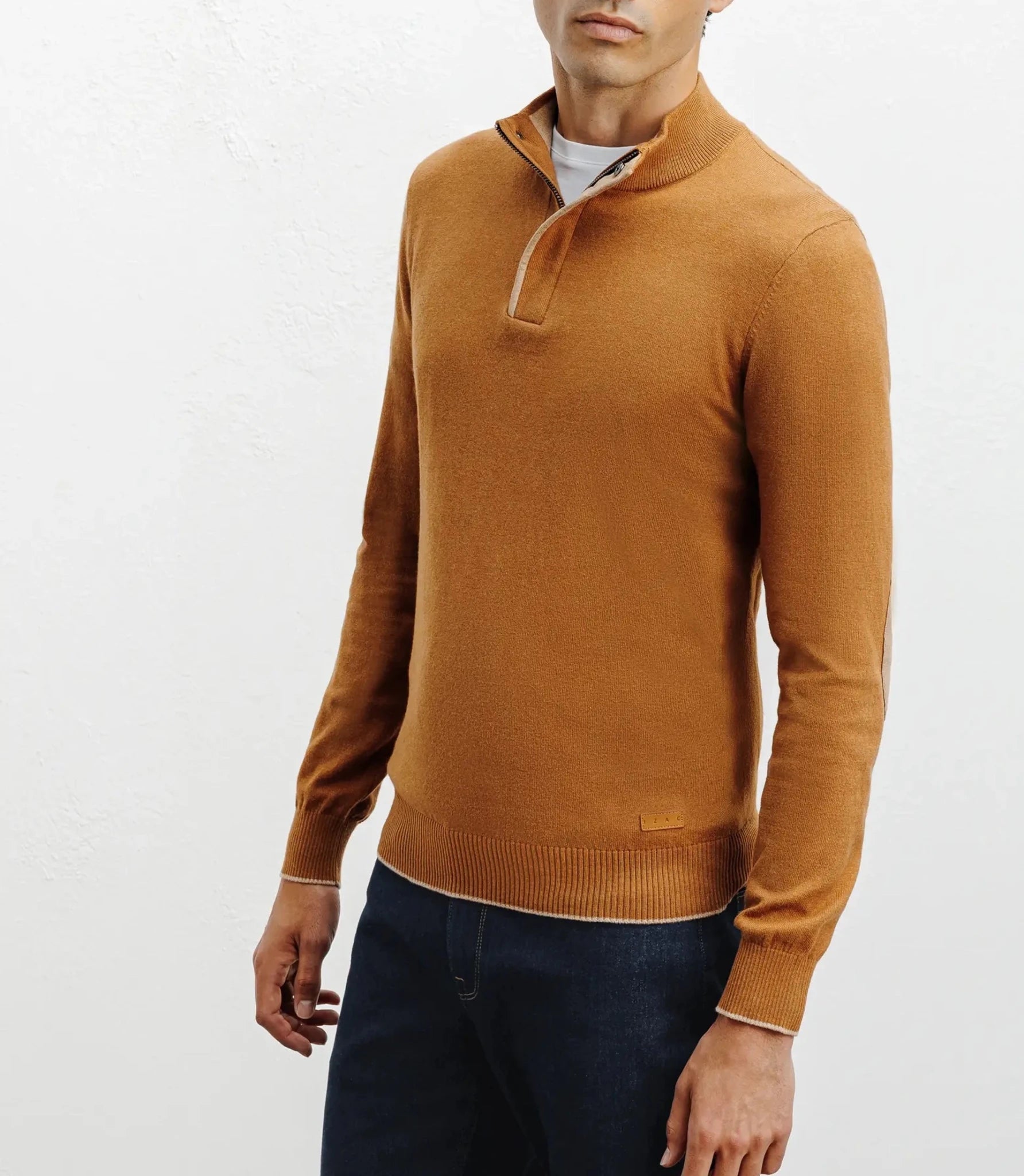 Dark camel half-zip stand-up collar sweater
