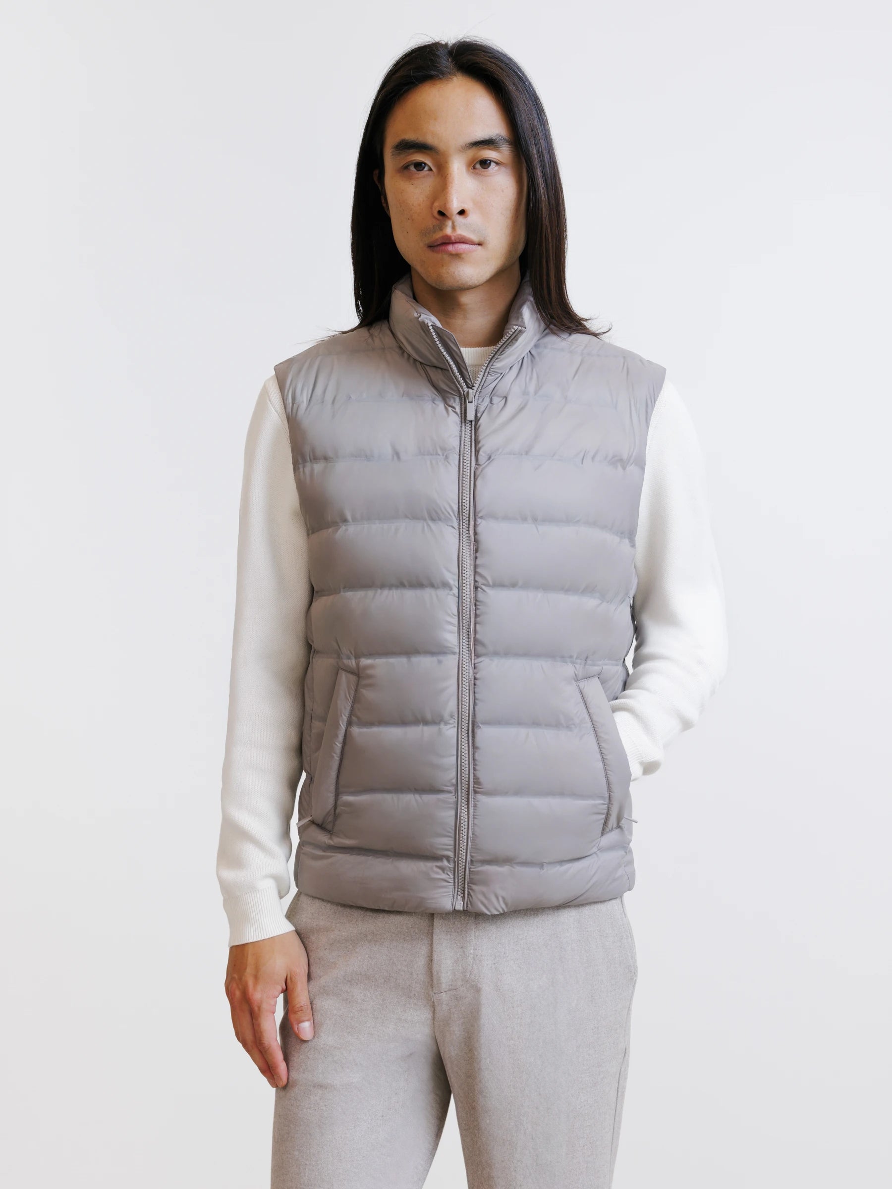 Taupe sleeveless puffer jacket