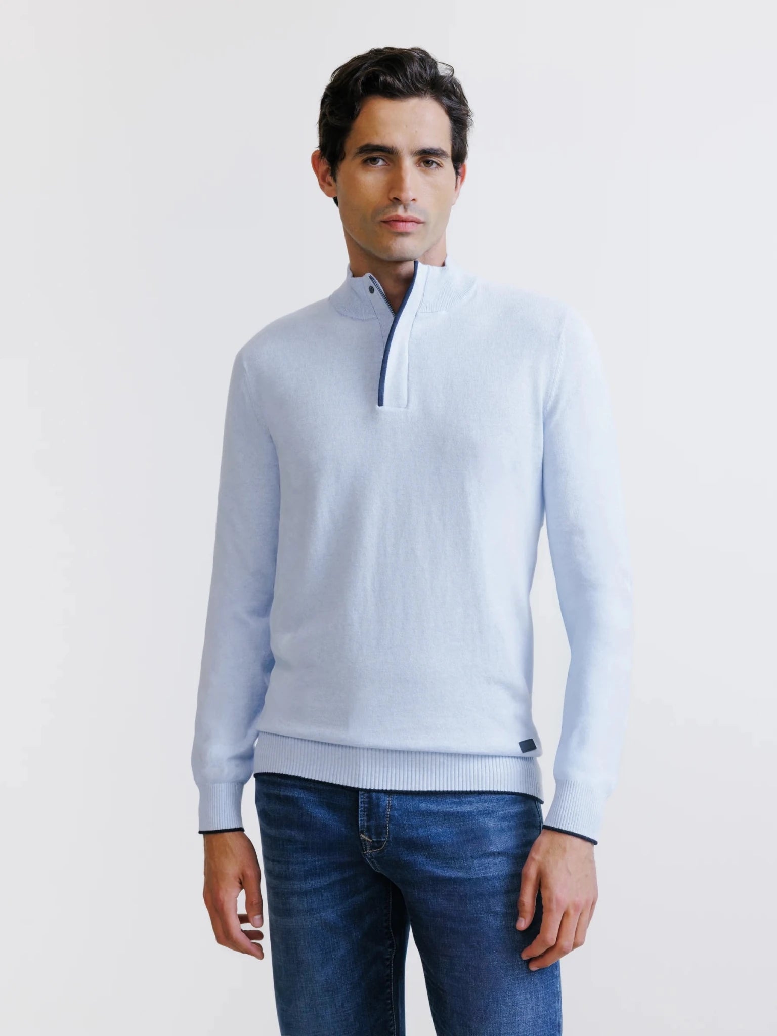 Sky blue half-zip stand-up collar sweater