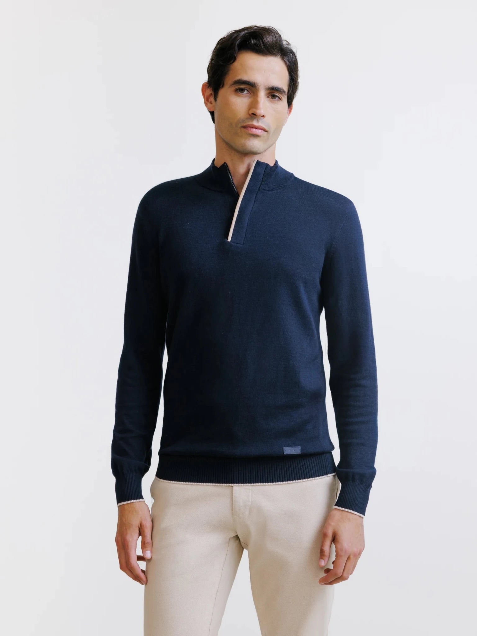 Navy half-zip stand-up collar sweater