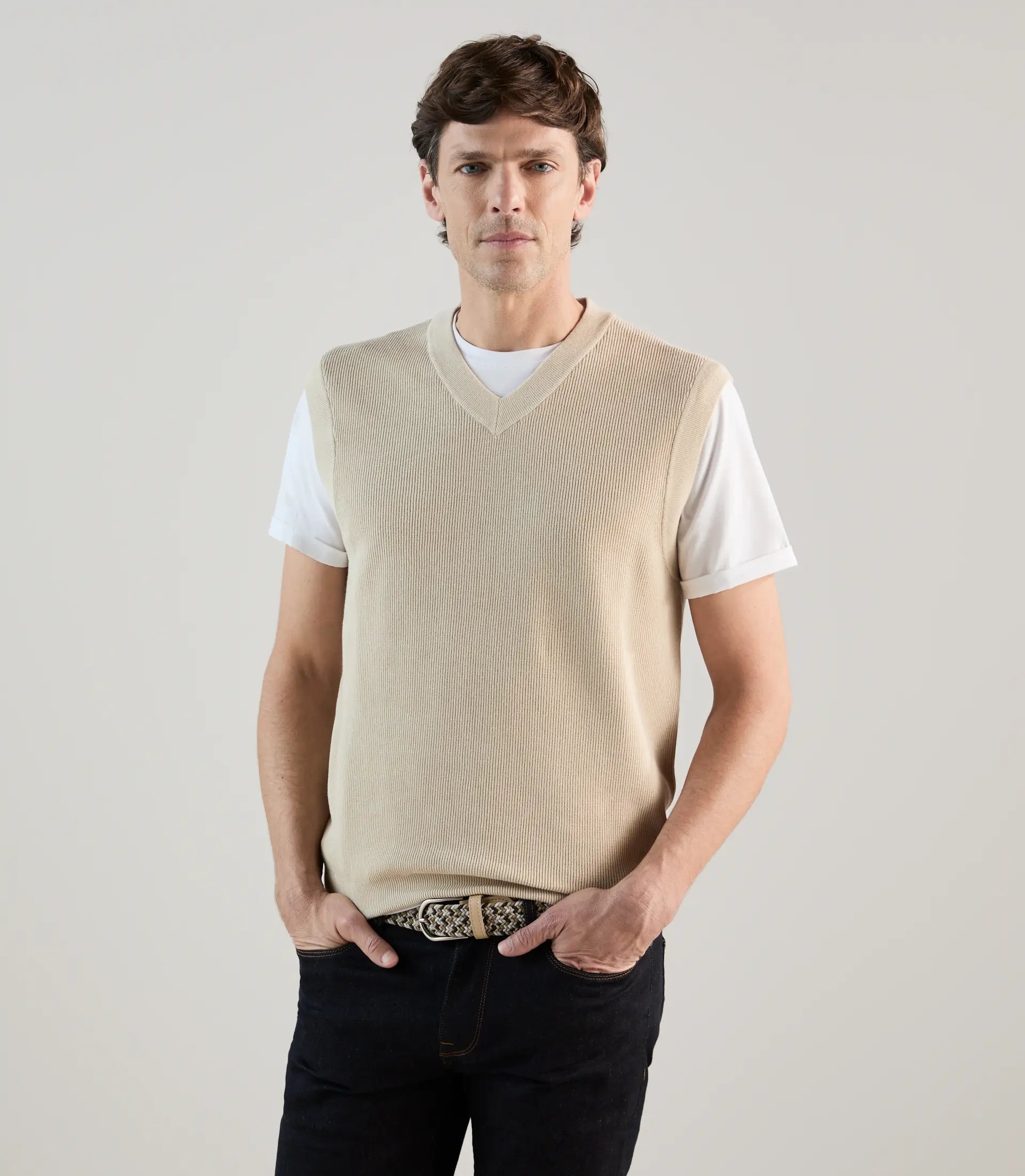 Pull sans manches en maille côtelée beige - IZAC