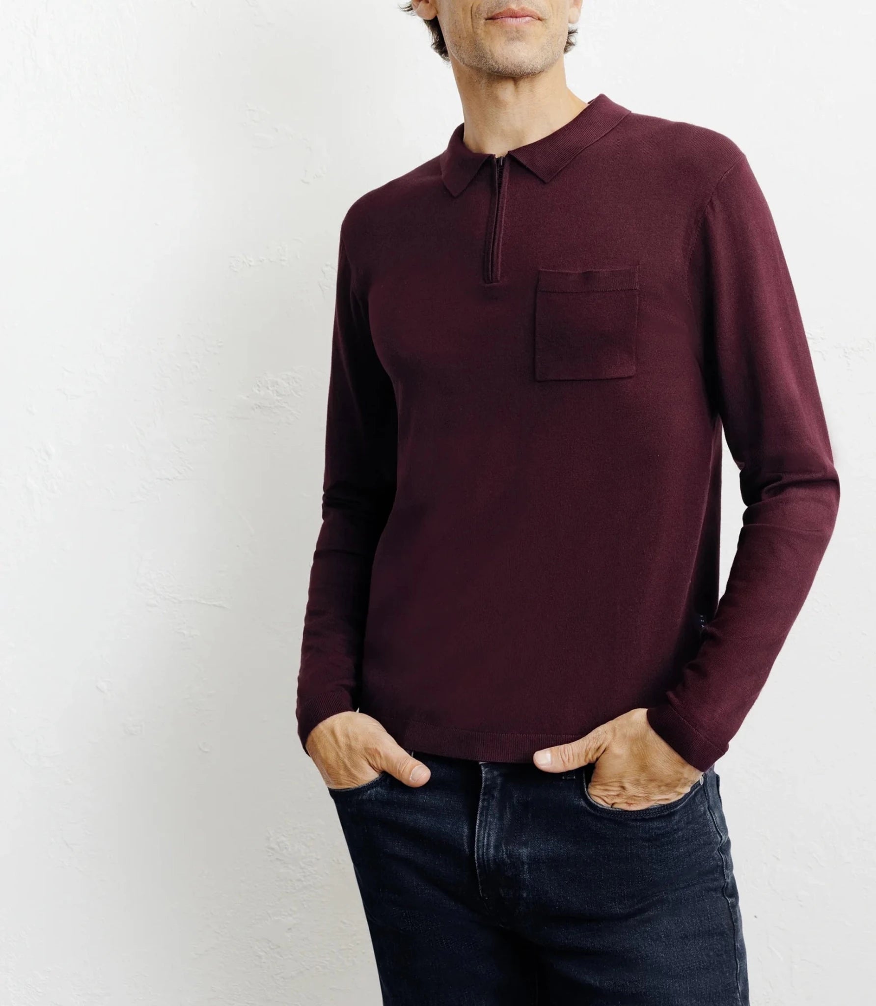 Pull col polo zippé en maille fine bordeaux foncé