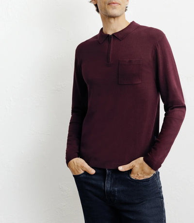 Pull col polo zippé en maille fine bordeaux foncé