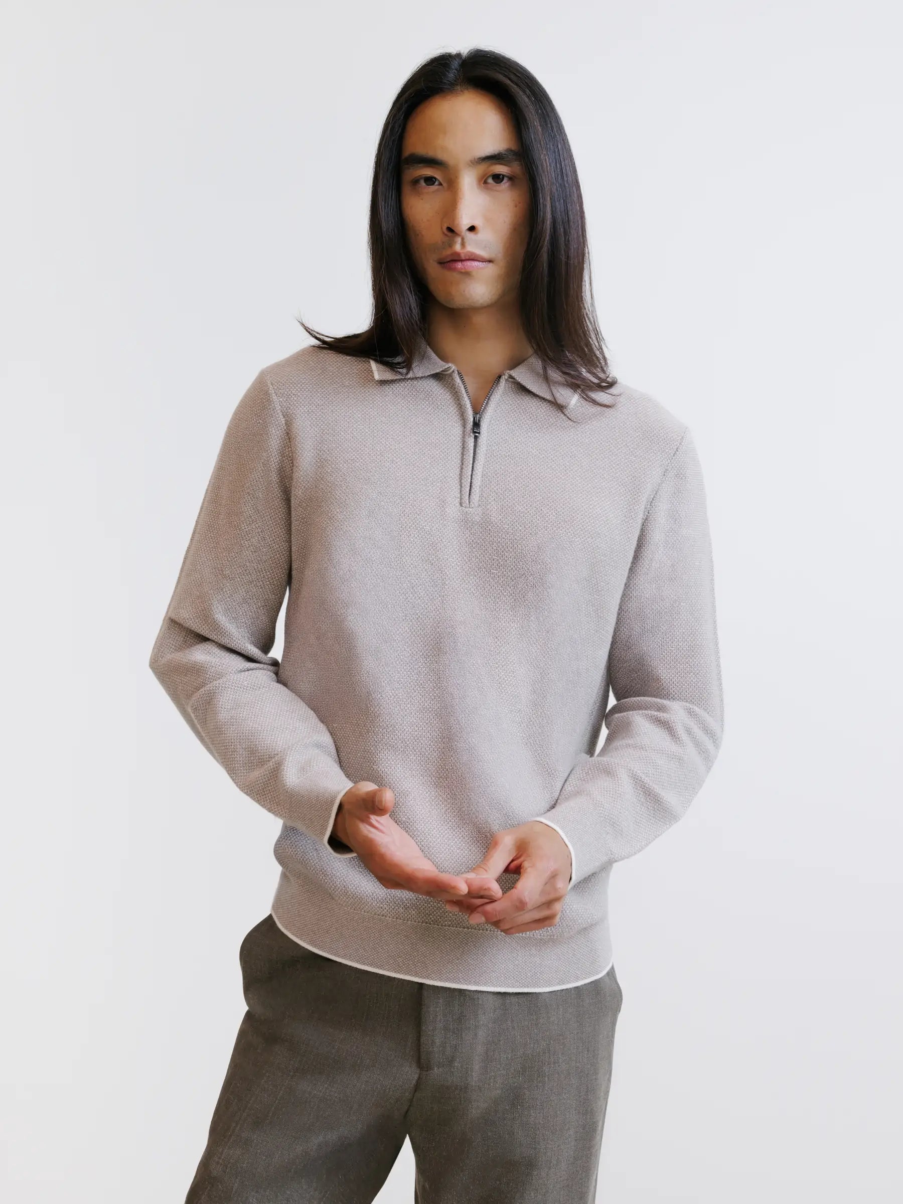 Beige zipped polo neck jumper