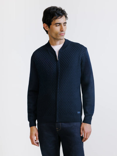 Navy zipped cardigan with textured knit