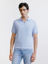 sky blue open-neck knit polo shirt