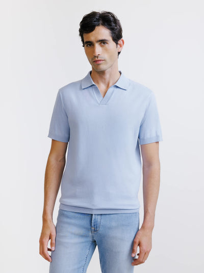 sky blue open-neck knit polo shirt