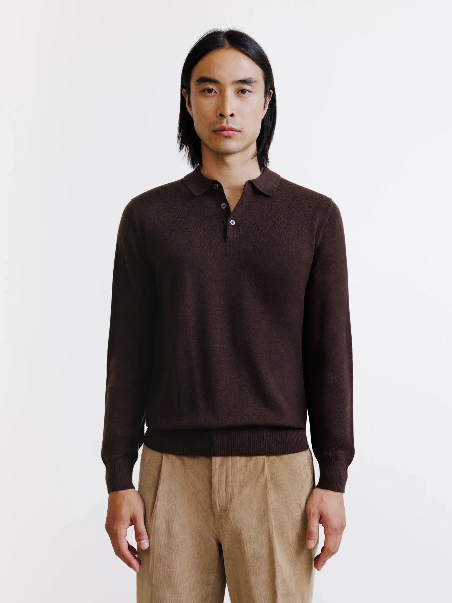 Pull à col polo boutonné en laine mérinos chocolat - IZAC