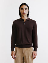 Pull à col polo boutonné en laine mérinos chocolat