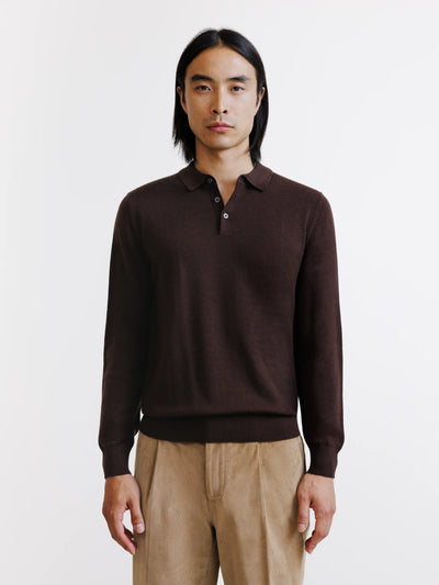 Pull à col polo boutonné en laine mérinos chocolat