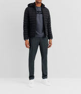 Down jacket with black removable hood