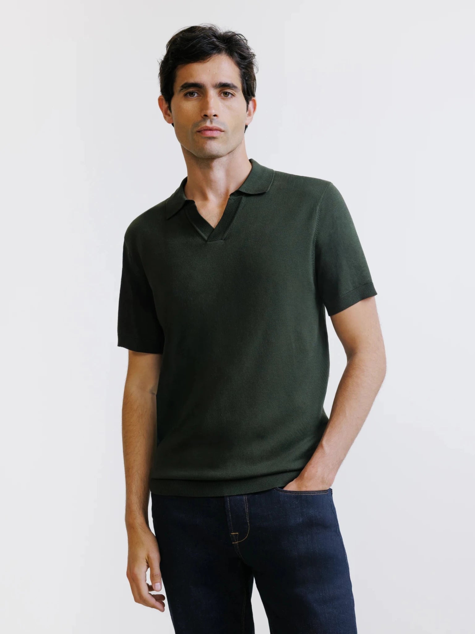 Polo col ouvert en maille vert moyen - IZAC