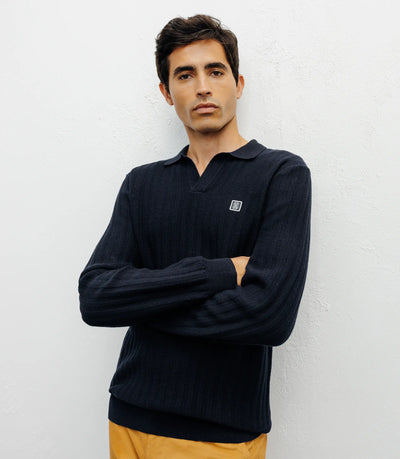 Pull col polo ouvert jeux de points marine - IZAC