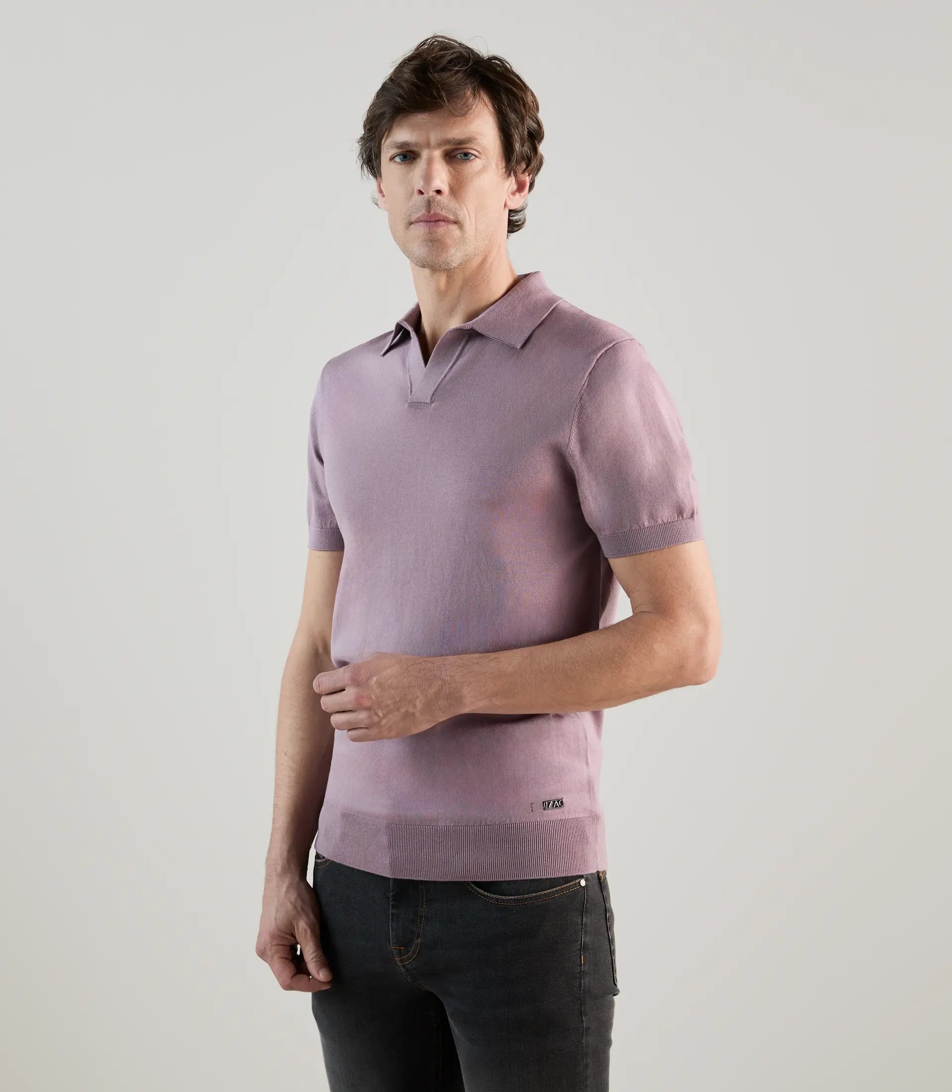Polo col ouvert en maille mauve - IZAC