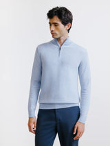 Pull demi-zippé en laine mérinos bleu ciel