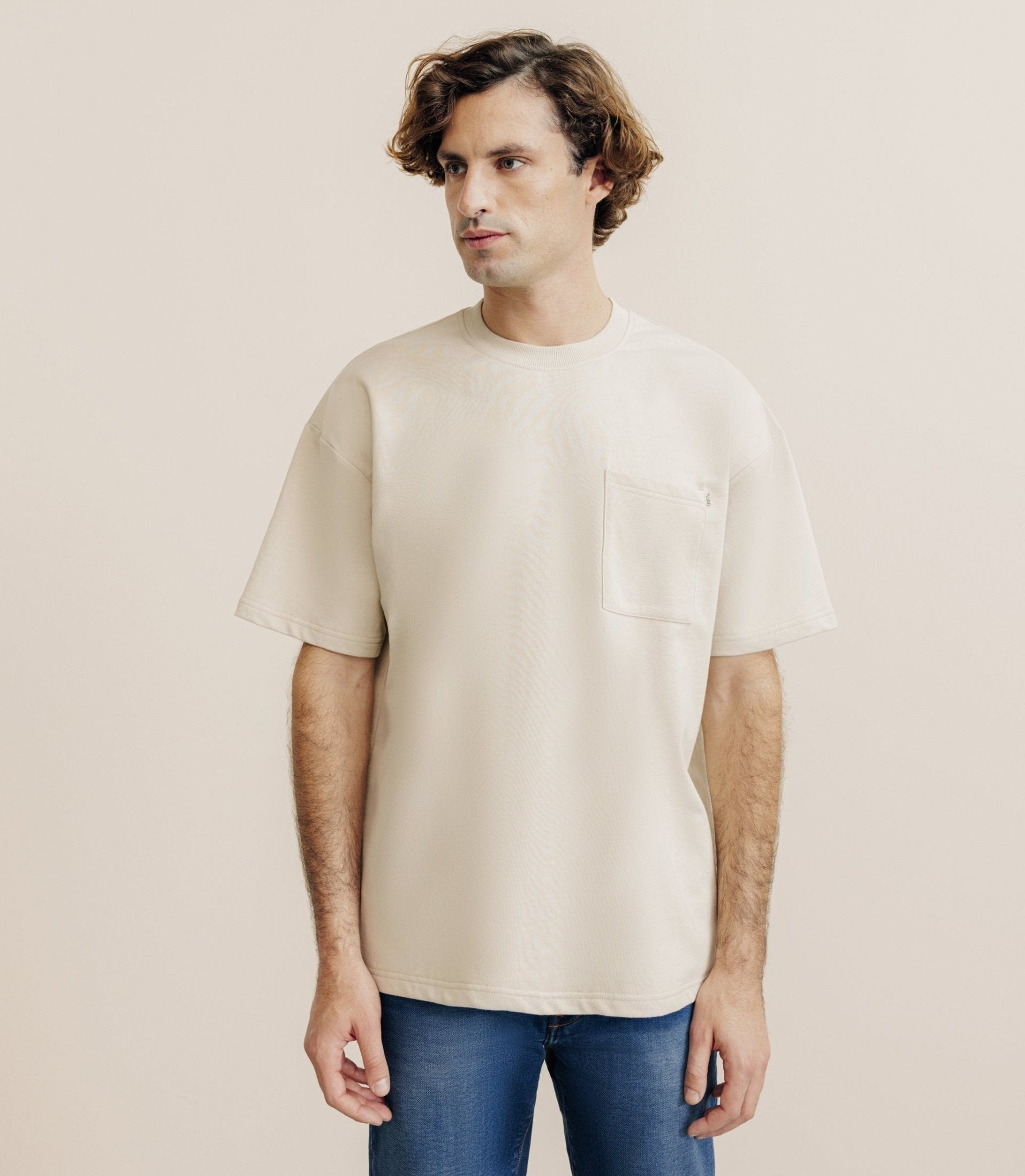 T-shirt uni oversize col rond beige - IZAC